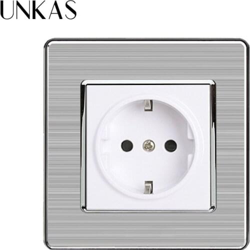 UNKAS 16A EU Standard Wall Socket Luxury Power Outlet Stainless Steel Brushed Silver Panel Electrical Plug AC 110~250V