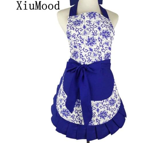 XiuMood Aprons For Women New Navy Blue Cotton Canvas Print Apron Belt Big Pocket Kitchen Cook Waiter Antifouling Bib