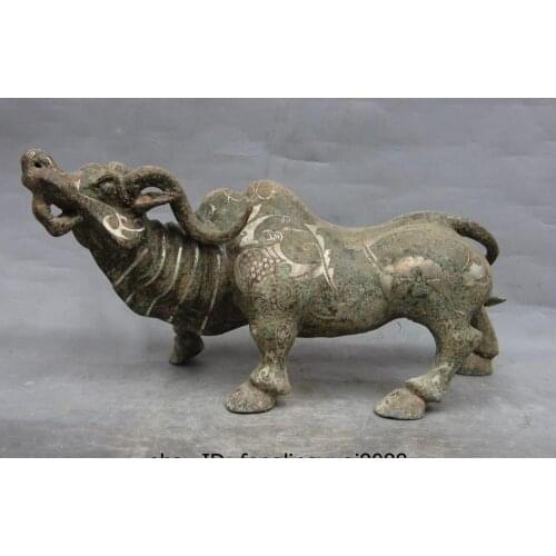 China Dynasty Bronze Silver-Gilt Auspicious Bull Cattle Ox Cow Statue Sculpture