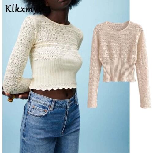 Klkxmyt Za 2021 Women Fashion Jacquard Mesh Cloth Cropped Knitted Sweater Vintage Long Sleeve Female Pullovers Chic Tops