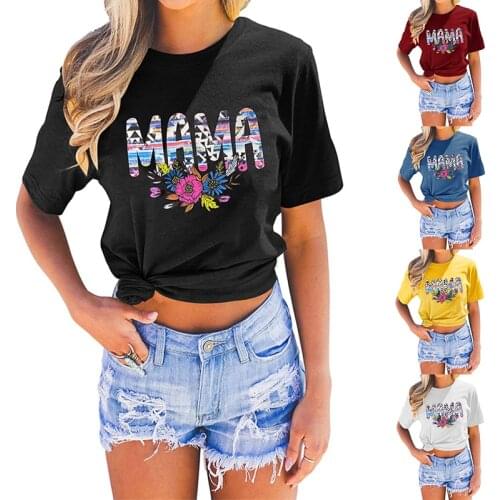 Summer Womens New Fashion Multicolor MAMA Letter Rose Flower Printing Casual Round Neck Short Sleeved T-Shirt Women Clothing