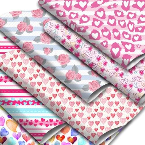 Pink Blue Series Faux Leather Sheets Heart Love Floral Pattern Printed Synthetic Leather Fabric 20x33cm for DIY Earrings Bows