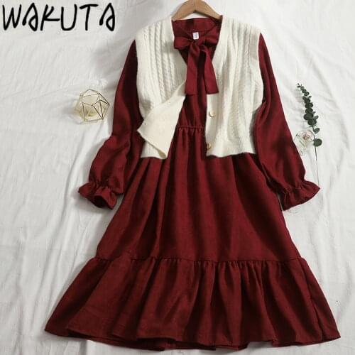 WAKUTA Vintage Sweet College Dress Autumn Winter Cute Bow Stand Neck Ruffle Long Dress+sweater Vest Japan Korean Preppy Clothes