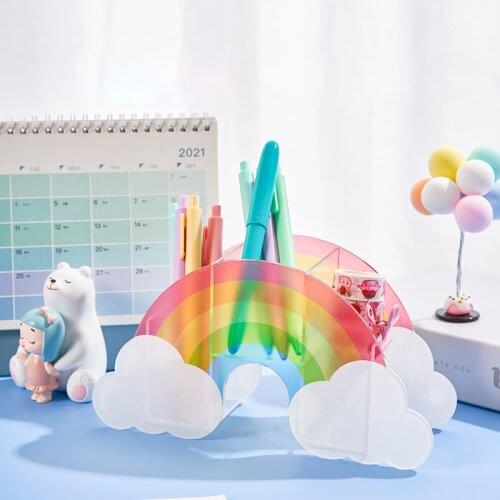 Cute Acrylic Pen Holder Home Office Storage Organizer Rainbow Flower Shape Desktop Storage Box Rangement Bureau