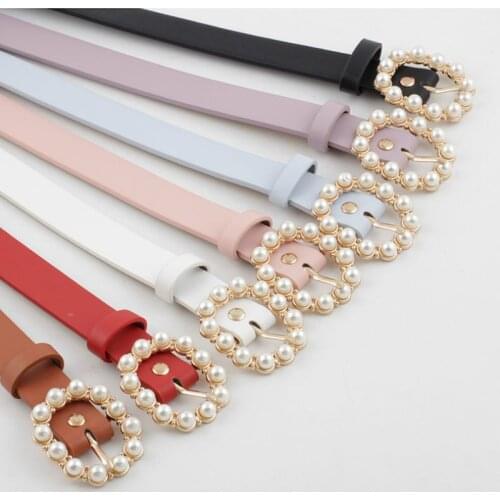 Fashion Pearl Decorative Belt Ladies Belt Round Pin Buckle Pearl Belts Womens Casual Solid PU Leather Thin Belt ceinture femme
