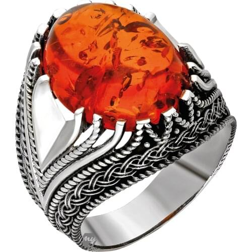 Solid 925 Sterling Silver Knitting Design Oval Baltic Amber Stone Mens Ring
