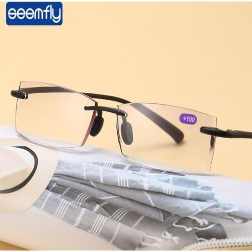 Seemfly Retro Anti-blue Light Rimless Reading Glasses Women Men Optical Lens Presbyopic Spectacles With Box +1.0 1.5 2.0 2.5 +4