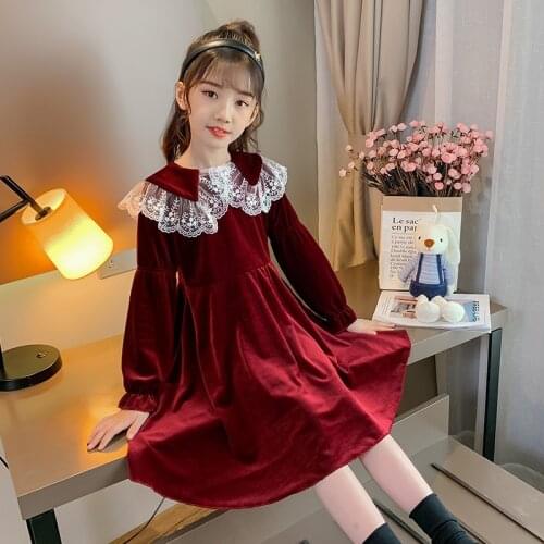 Girls Dresses New Autumn School Girls Long Sleeve Lace Collar Velvet Dress Kids Clothing 4 5 6 7 8 9 10 11 12 Years
