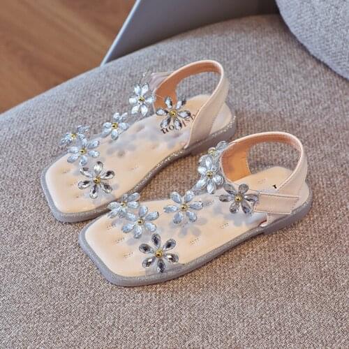 Children Sandals Summer 2021 Girls Diamond Flower Princess Shoes TPR Anti-slippery Sandalen For Kids Flat Beach Sandales Enfant
