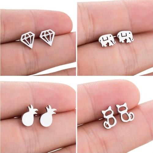 Sasusp 4 Pair Stainless Steel Elephant Cat Pineapple Geometric Cute Small Earrings For Women Ear Studs Jewelry Gift