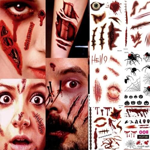 Zombie Scars Halloween Tattoos Terror Wound Scary Blood Lnjury Suture Makeup 3d tatto Man Women Blade Nails Temporary Fake Tatto