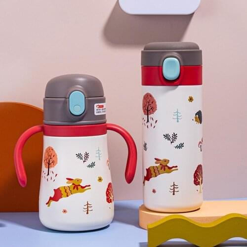 350ml stainless steel airless bottle cartoon printing button switch with straw leakproof childrens thermos cup student gift