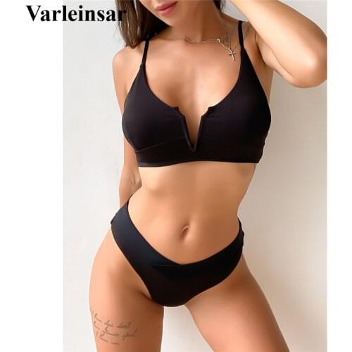 V Shaped Ribbed Mid Waist Bikini Women Swimwear Female Swimsuit Two-pieces Bikini set Padded Bather Bathing Suit Swim Lady V3213