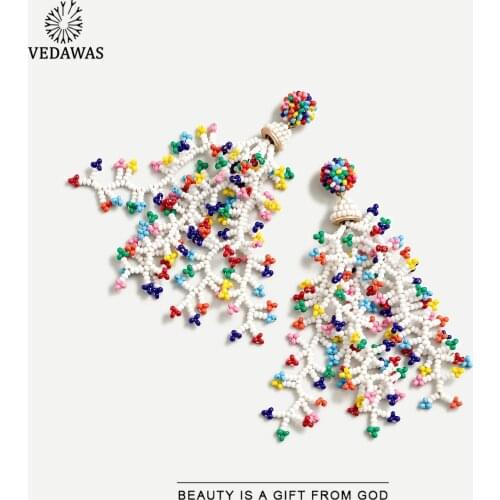 Vedawas Fashion Fringed Beads Earrings for Women Boho Acrylic Handmade Colorful Snowflake Drop Earrings Wedding HolidayJewelry