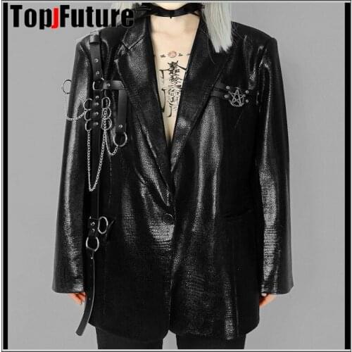 Punk womens dark crocodile imitation Pu shoulder pad suit coat motorcycle leather jacket