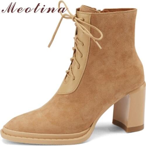 Meotina Women Genuine Leather Ankle Boots Kid Suede Thick High Heel Pointed Toe Boots Lace Up Zipper Ladies Boots Autumn Apricot