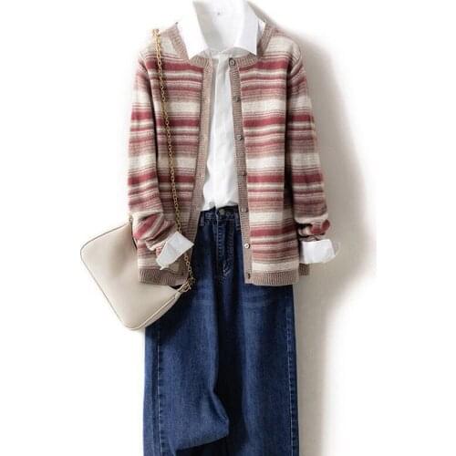 Striped knitted cardigan women loose loose 2021 autumn and winter new round neck short outer long-sleeved top sweater jacket