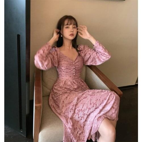 Pink Apricot Sexy Summer Women Dress Elegant Temperament French V-Neck Velvet Waist-Knee Bottoming Long-Sleeved Dress Women