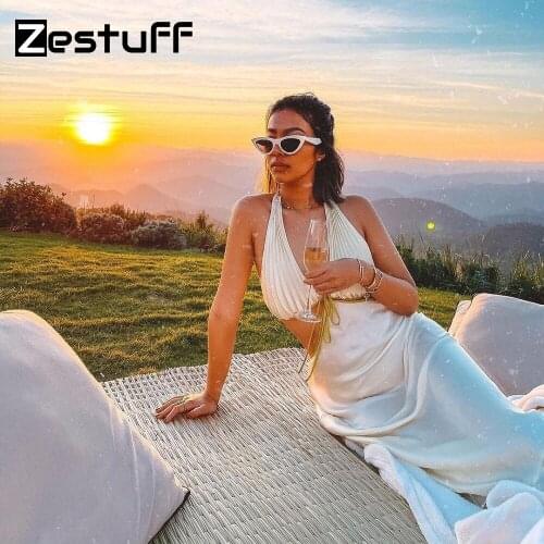 Zestuff Female V-Neck Stretch Satin Maxi Dresses For Women Sexy Night Club Outfits Backless Elegant Halter Strap Party Dress