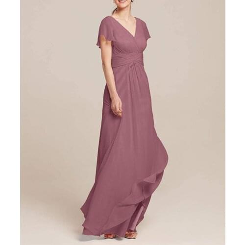 Women Chiffon Bridesmaid Dress with Short Sleeves Sexy V Neck Ruched Elegant Maid of Honor Dresses for Weddings Party Long