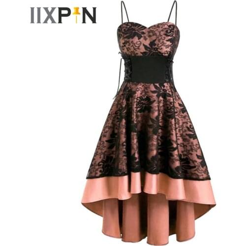 Womens Elegant Dress Lace Up Spaghetti Strap Lady Vintage High Low Dress Embroidery Womens Retro Party Dresses Vestido De Festa