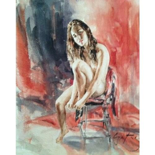 100% Handpainted RARE SUPERB ORIGINAL GORDON KING "Red to Light" pretty nude girl woman PAINTING