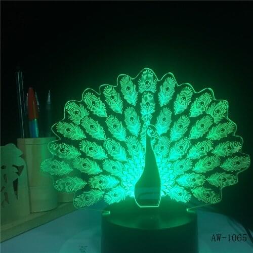 Peacock Desgin 3D Lamp LED Night Light Atmosphere Night Lamp USB 7 Colors Change LED Touch Lights for Party Decor Light AW-1065