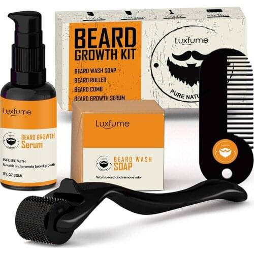 4pcs/Set Beard growth kit Beard wash soap, beard roller, Comb,Beard growth liquid essence to promote beard growth