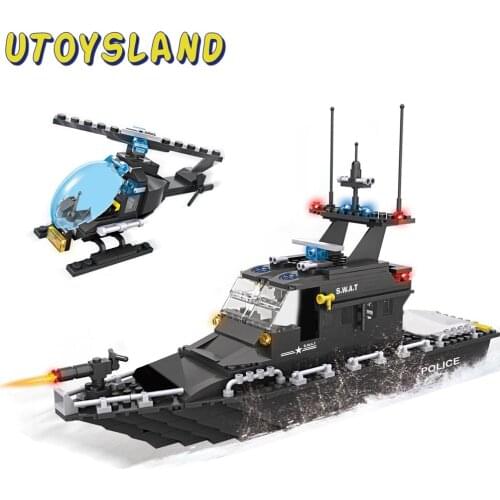 518Pcs City Police SWAT Escort Boat Helicopter Model DIY Military Assembly Bricks Toy For Children Educational Toy Birthday Gift