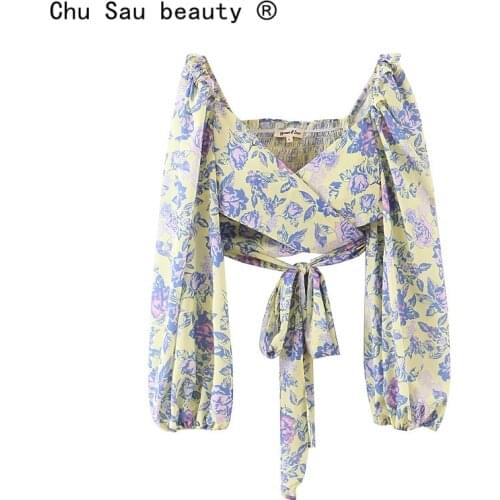 Chu Sau beauty New Fashion Bohemian Chic Floral Print Crop Tops Women Holiday Style Bow Tie Elastic Slim V-neck Blouse Female