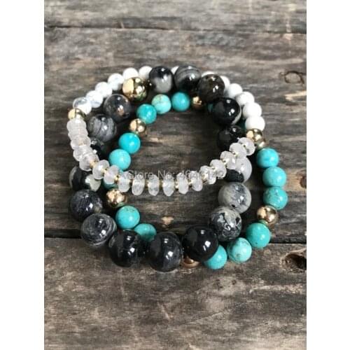 Boho Gold Round Spacer Beads Turquoises And Agates Howlite Beads Stretch Bracelet one set of 3