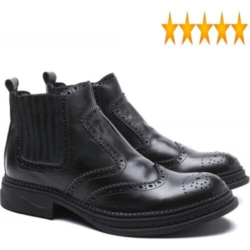 Business Genuine Leather Shoes Luxury Men British Style Vintage Bullock Winter Work Safety Chelsea Boots Platform Botas