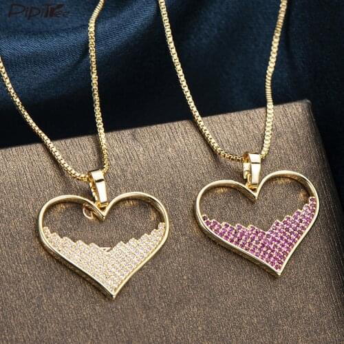 Pipitree Elegant Bling Cubic Zirconia Heart Necklace Copper CZ Stones Lovers Women Necklace Pendants Jewelry Gift Collier Femme