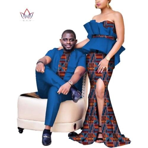 BRW Elegant Women Mermaid Dresses Couples Clothing African Print Dresses Plus Size Dashiki Mens Set for Lover WYQ223