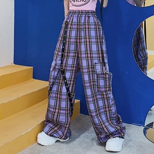 Zoki Purple Plaid Pants Women Y2K Harajuku Chain Checked Trousers Famale High Waist Casual Streetwear Summer Hot Fashion New2021