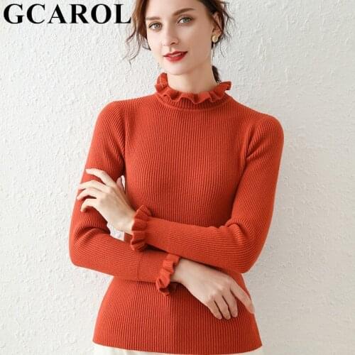 GCAROL Women Ruffles Collar Sweater 30% Wool Slim Stretch Cashmere Pullover Warm Soft Fall Winter Jumper Multi Occasion 2XL