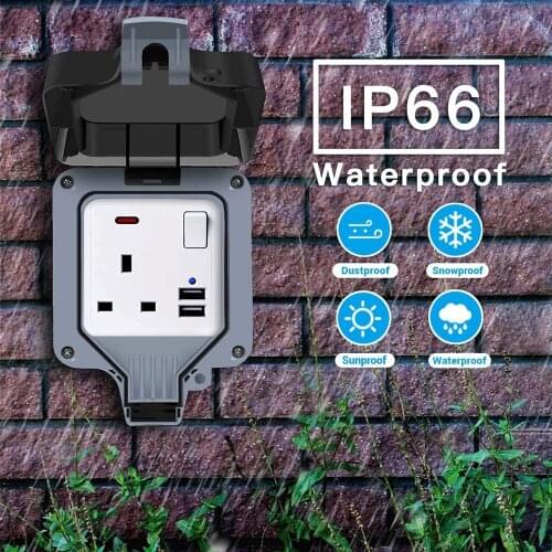 IP66 Waterproof Box Wall Socket Outdoor 13A Double/ Single Universal UK Switched Outlet USB USB Wall Electrical Outlets