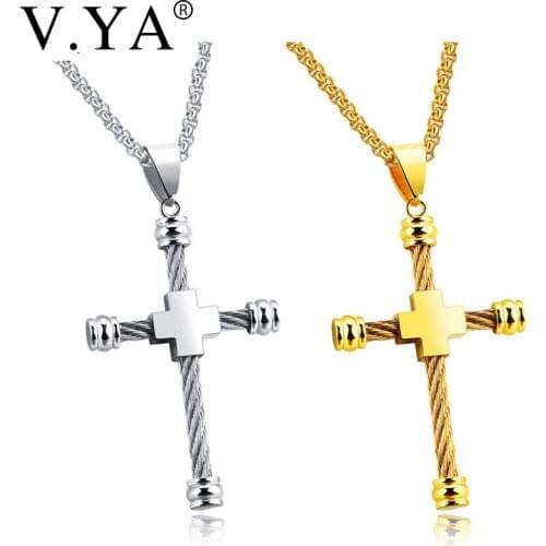 V.Ya Fashion Cross Men Necklaces Jewelry Boys Gifts Pendant Necklace Gold Silver Color Stainless Steel Male Necklace Gifts Charm