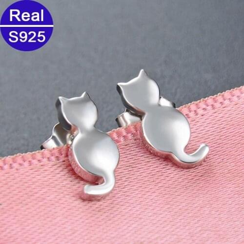 Fashion Simple Small Cute Cat Stud Earrings 925 Sterling Silver Real Fine Jewelry For Women New Year Gift