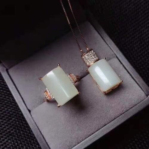 Natural Hotan White Jade S925 Ring Pendant Set Fine Fashion Jewelry Simple Elegant Parties for Women Free Shipping MeibaPJFS