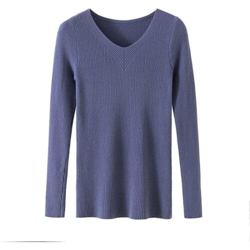 2021 new WomenS Fashion V-Neck Knitted Long-Sleeve Slim Bottoming Shirt Slimming Sweater All-match Top One Size
