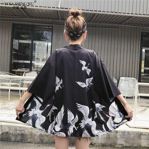 Janpanese Crane Print Coat Yukata Kimono Cardigan Women Men Harajuku Japan Haori Asia Cosplay Costumes Traditional Beach Shirts