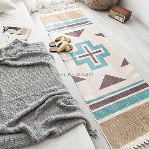 Retro Bohemian Hand Woven Cotton Linen Carpet With Tassel Door Bedroom Tapestry Decorative Blanket Living Room Carpet Area Rug