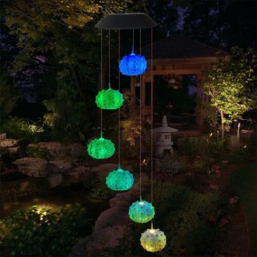 Color Changing LED Wind Chime Light Sea Urchin Shape Solar Wind Chime Lamp Outdoor Hanging Ornament for Home Party Yard Festival