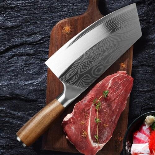 MHNTLOS Traditional Handmade Forged Kitchen Knife Hammer Stainless Steel Chefs Chopper Cooking Knives Wooden Meat Slicer