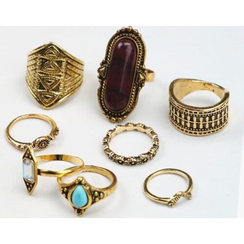 8 pcs/set Vintage Bohemian Knuckle Rings Statement Jewelry Water Drop Shape Crystal Totem Finger Rings Accessories For Women Men