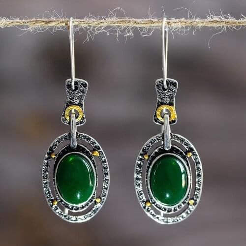 Vintage Ethnic Green Stone Drop Earrings for Women Oval Crystal Jewelry Gifts Bohemian Oorbellen Long Dangle Earrings