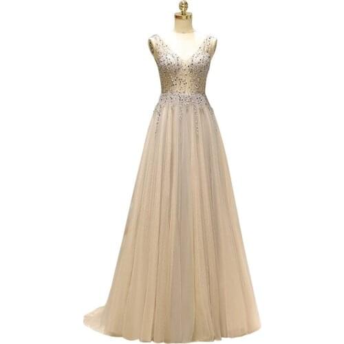 High Quality Tulle V-Neck Beading Lace Up Long Prom Party Dresses Evening Dresses Backless Vestido de noche Robe de soiree 48712