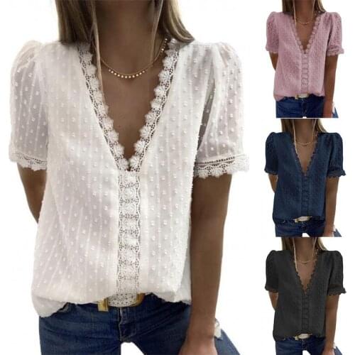 Women Chiffon Lace Elegant Blouses Short Sleeve Shirts V-neck Solid Color Blouses Top Korean Style Chic Leisure Blouse Кофта