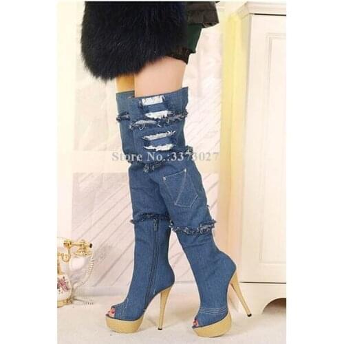 Fashion Platform Blue Denim Long Boots Woman Broken Hole Stiletto Heels Over the Knee Jean Boots Lady Large Size Banquet Shoes